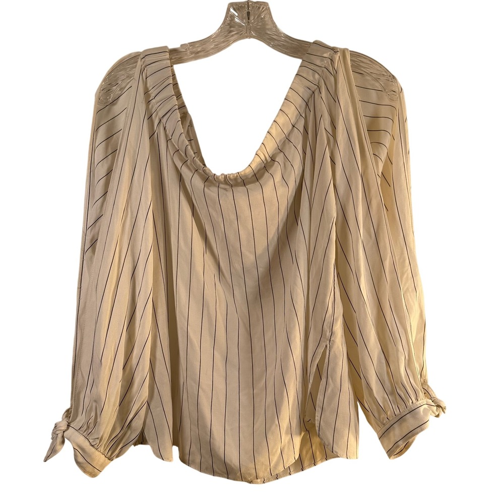 Bailey 44 Pinstripe Off The Shoulder Blouse Ivory Black Tie Cuff Top Large USA